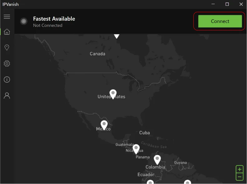 IPVanish VPN interface showing a dark-themed world map with available server locations. The "Fastest Available" option is selected, and a green "Connect" button is visible for initiating a VPN connection.