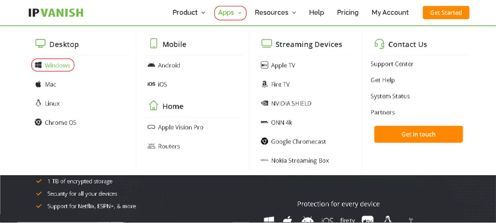 IPVanish VPN website's "Apps" section displaying supported devices, including Windows, Mac, Linux, Android, iOS, streaming devices, and routers. The Windows option is highlighted, and the top menu includes navigation links and a "Get Started" button.