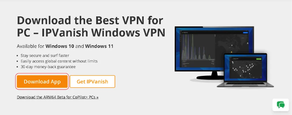IPVanish VPN download page for Windows, featuring a headline, key benefits, compatibility with Windows 10 and 11, and two call-to-action buttons for downloading the app or subscribing. A laptop and desktop screen display the IPVanish interface.