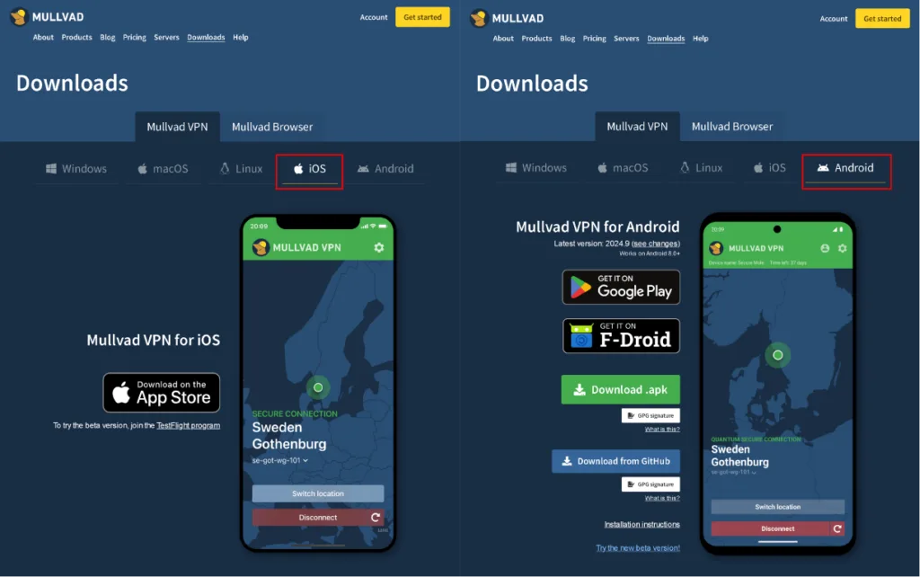 Screenshot of the Mullvad VPN download page, showing app availability for iOS and Android. The iOS section features an App Store download button, while the Android section includes Google Play, F-Droid, APK, and GitHub download options. Both screens display a secure VPN connection to Sweden.