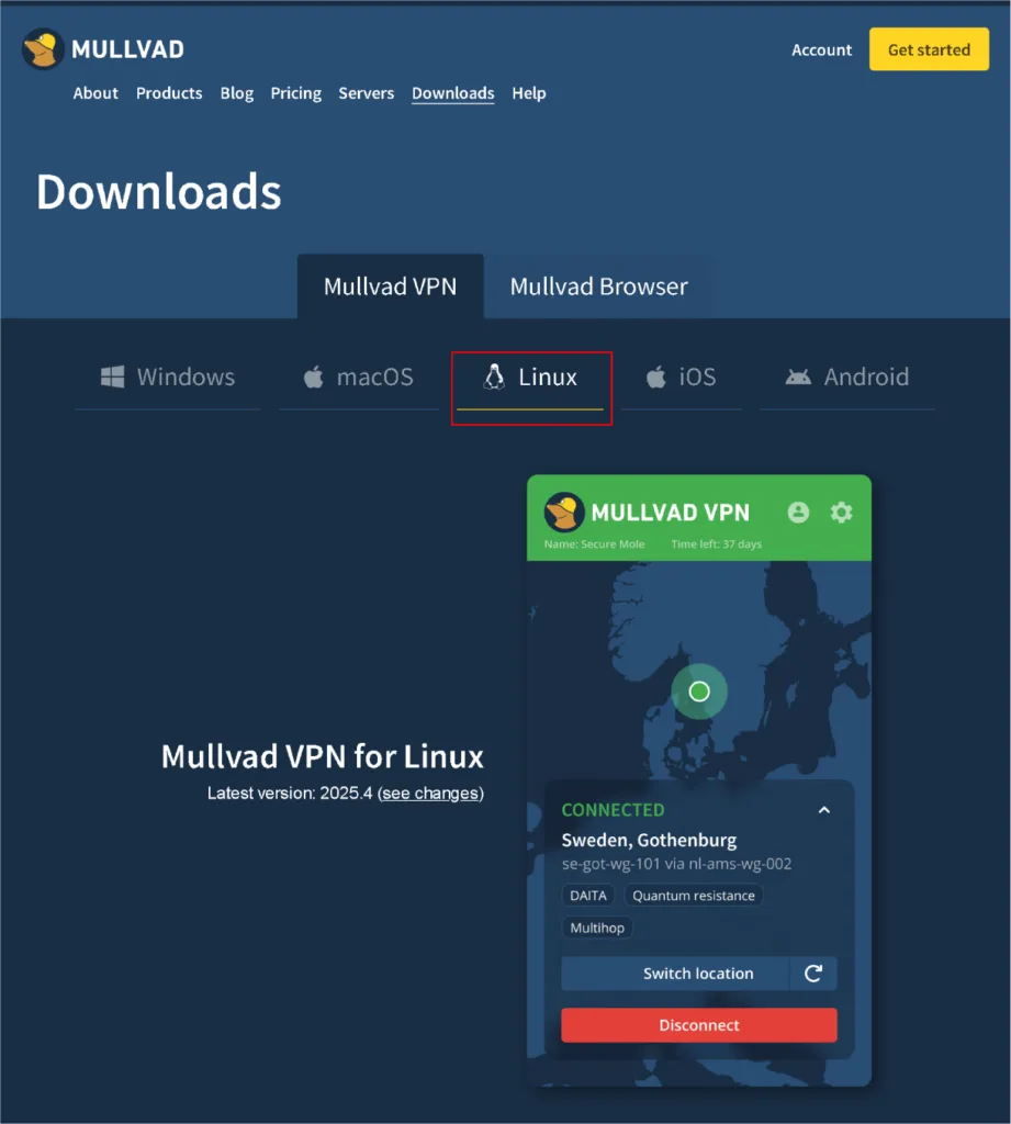 Screenshot of Mullvad VPN's download page for Linux, showing the selected Linux tab and a VPN interface with an active connection to a Sweden-based server. The interface highlights features like quantum resistance, multi-hop, and secure browsing.