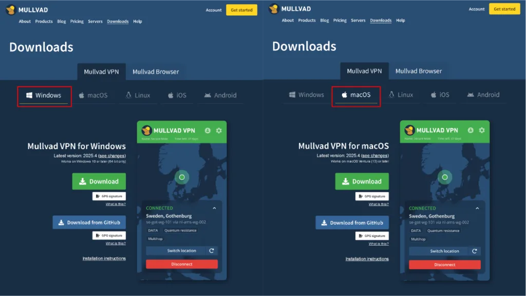 Screenshot of Mullvad VPN's download page for Windows and macOS, showing version 2025.4 with download options for both platforms, including GitHub links and GPG signature verification.