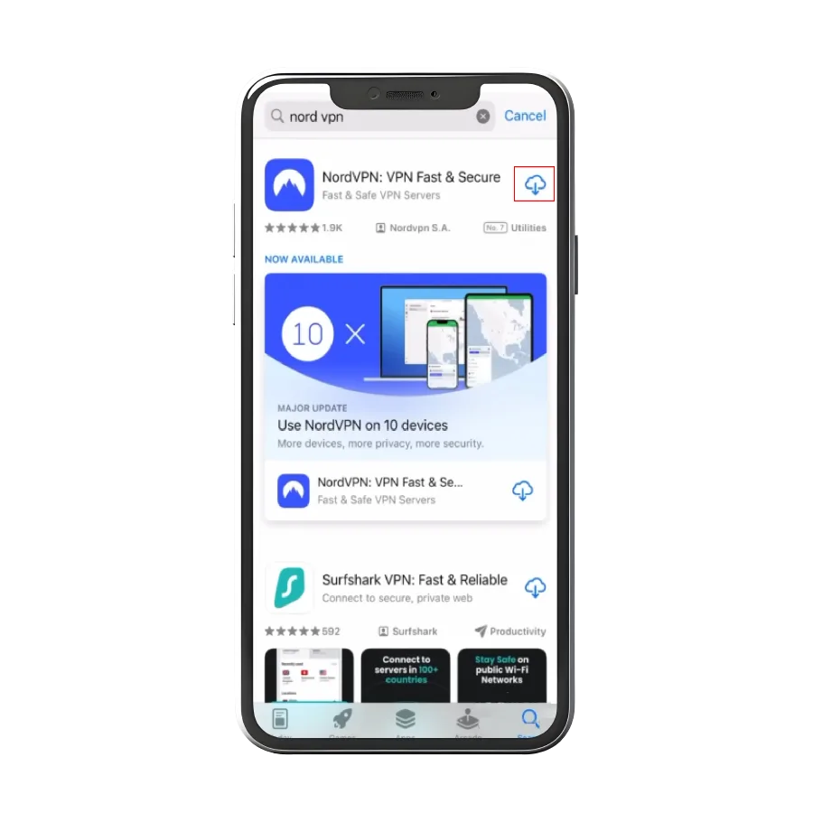 iPhone screen displaying the App Store search results for NordVPN, showing the NordVPN app with a download icon and a major update for 10 devices.