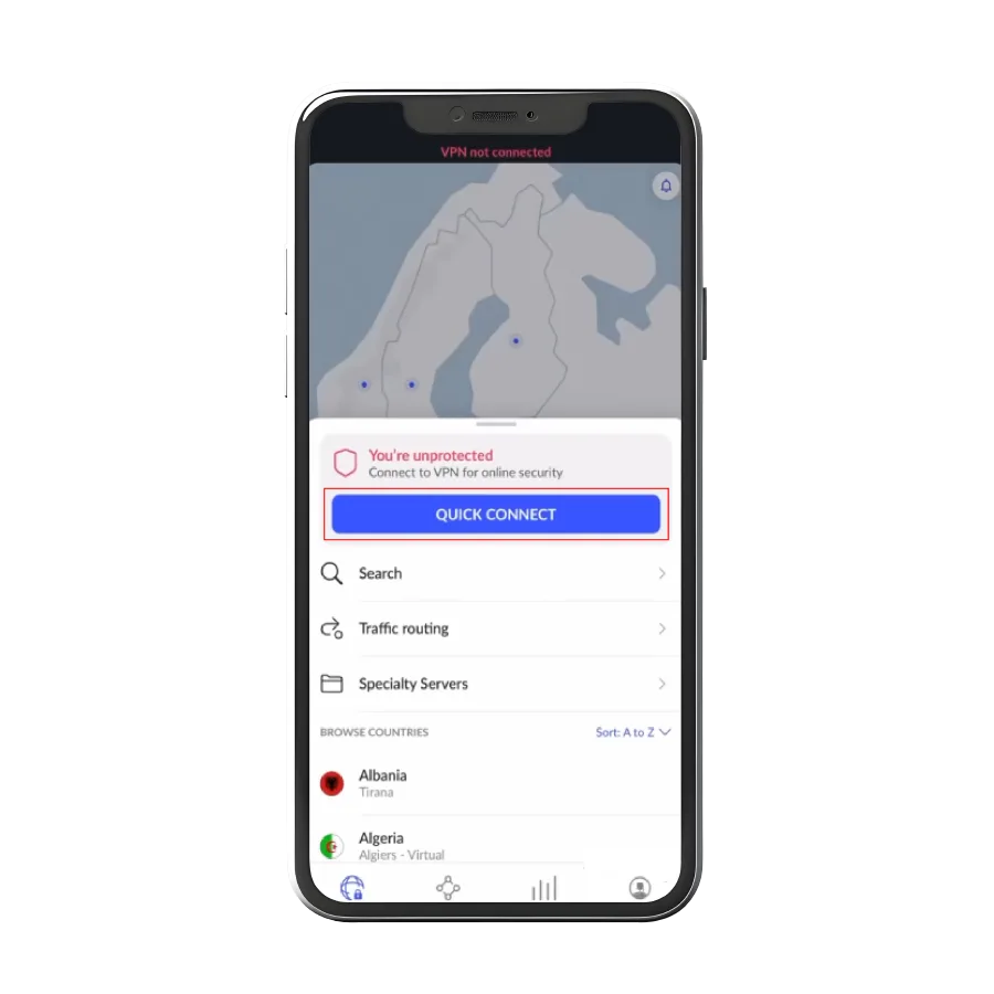 NordVPN app on a smartphone showing a 'VPN not connected' status with a Quick Connect button to establish a secure connection.