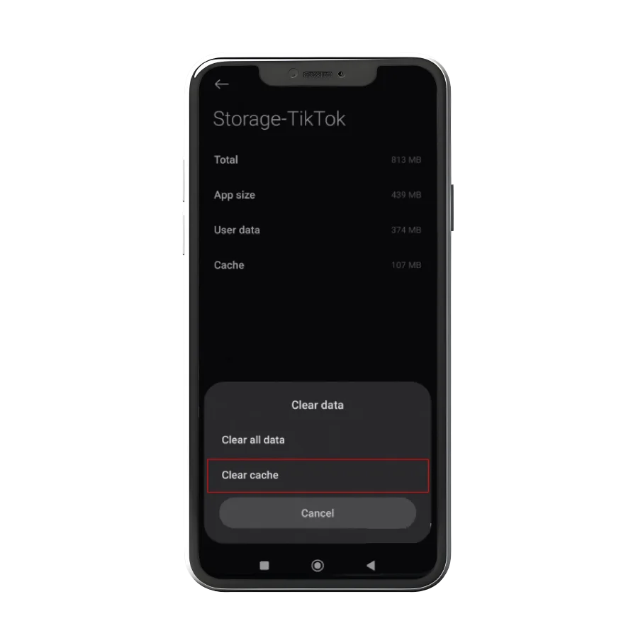 iPhone screen showing TikTok storage settings with an option to clear cache highlighted.