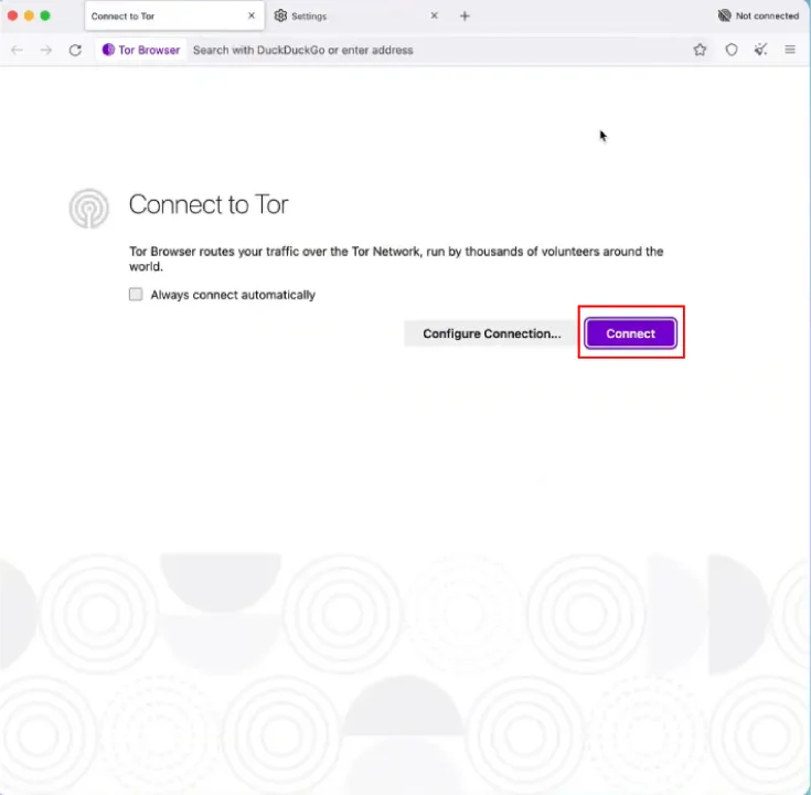 Tor Browser connection page displaying 'Connect' and 'Configure Connection' options for accessing the Tor Network securely and anonymously.