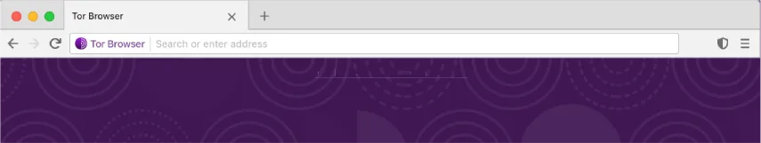 Tor Browser interface on macOS, displaying the search bar, navigation controls, and a purple-themed background with privacy-focused icons.