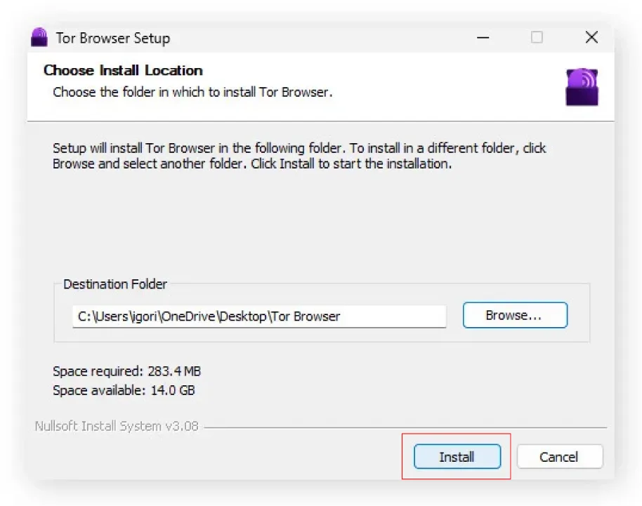 Tor Browser Setup window on Windows, displaying installation options with a destination folder, browse button, and highlighted 'Install' button.