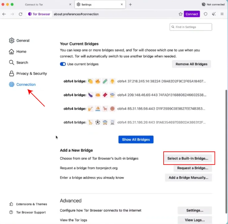 Tor Browser Connection Settings page showing obfs4 bridges, options to remove or add bridges, and a highlighted 'Select a Built-In Bridge...' button.