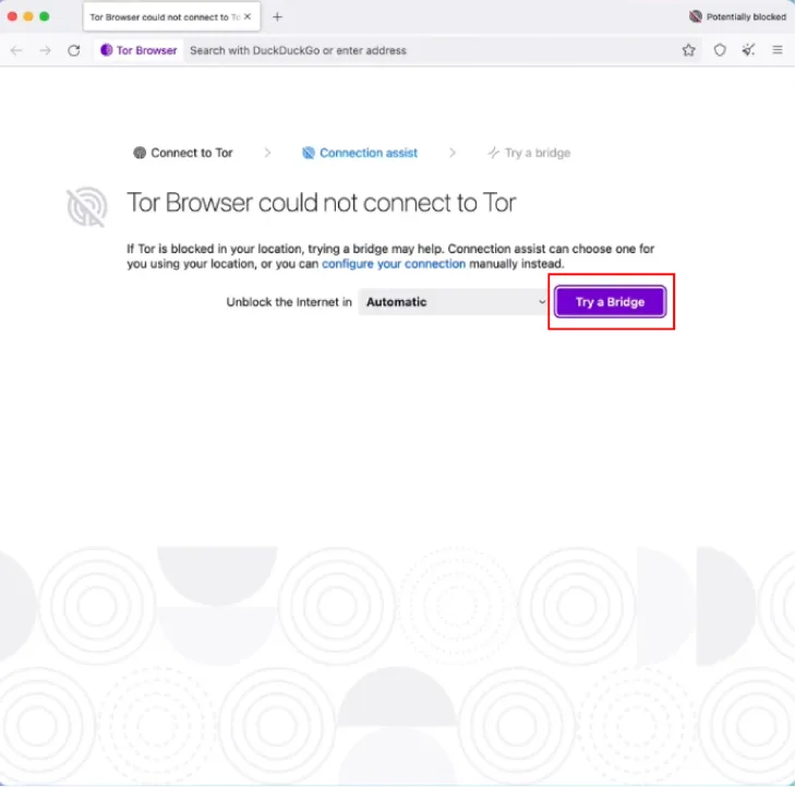 Tor Browser Connection Assist page displaying a connection failure message with a highlighted 'Try a Bridge' button.