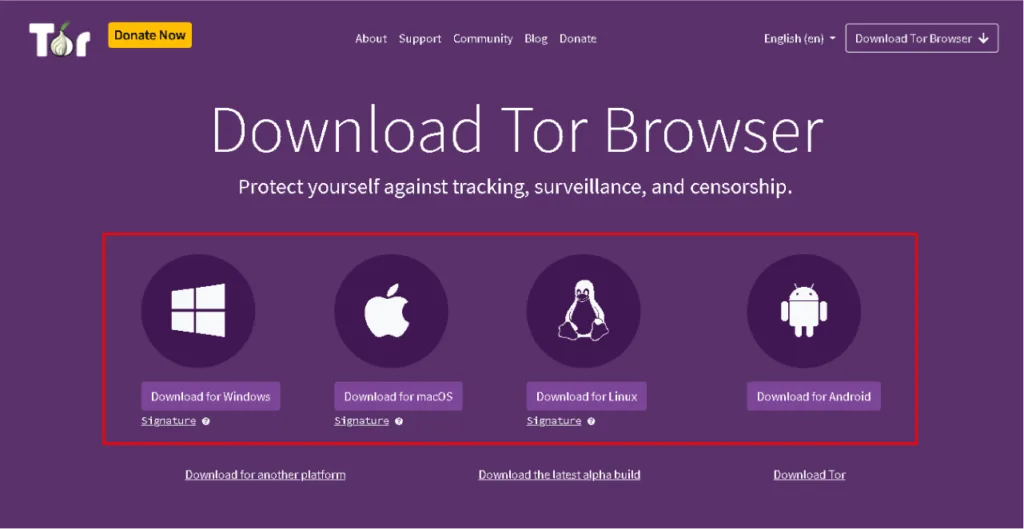 Highlighted section of the Tor Browser download page displaying platform options for Windows, macOS, Linux, and Android with download buttons and verification links.