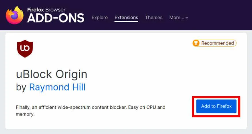 Screenshot of the Firefox Browser Add-ons page for uBlock Origin, displaying the extension’s name, developer (Raymond Hill), description, and an "Add to Firefox" button.