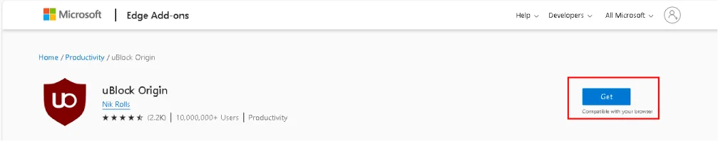 Screenshot of the Microsoft Edge Add-ons page for uBlock Origin, displaying the extension’s name, developer (Nik Rolls), user rating, number of users, and a "Get" button for installation.