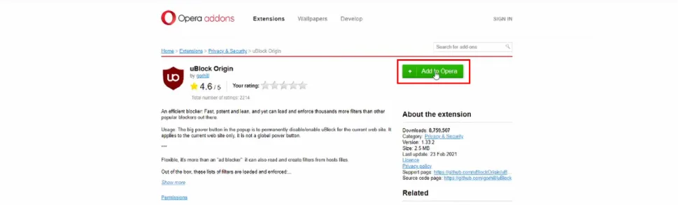 Screenshot of the Opera Add-ons page for uBlock Origin, showing the extension’s name, developer (gorhill), rating, number of downloads, and an "Add to Opera" button for installation.